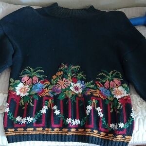 Ann Taylor Black Sweater with Vibrant Floral Patterns